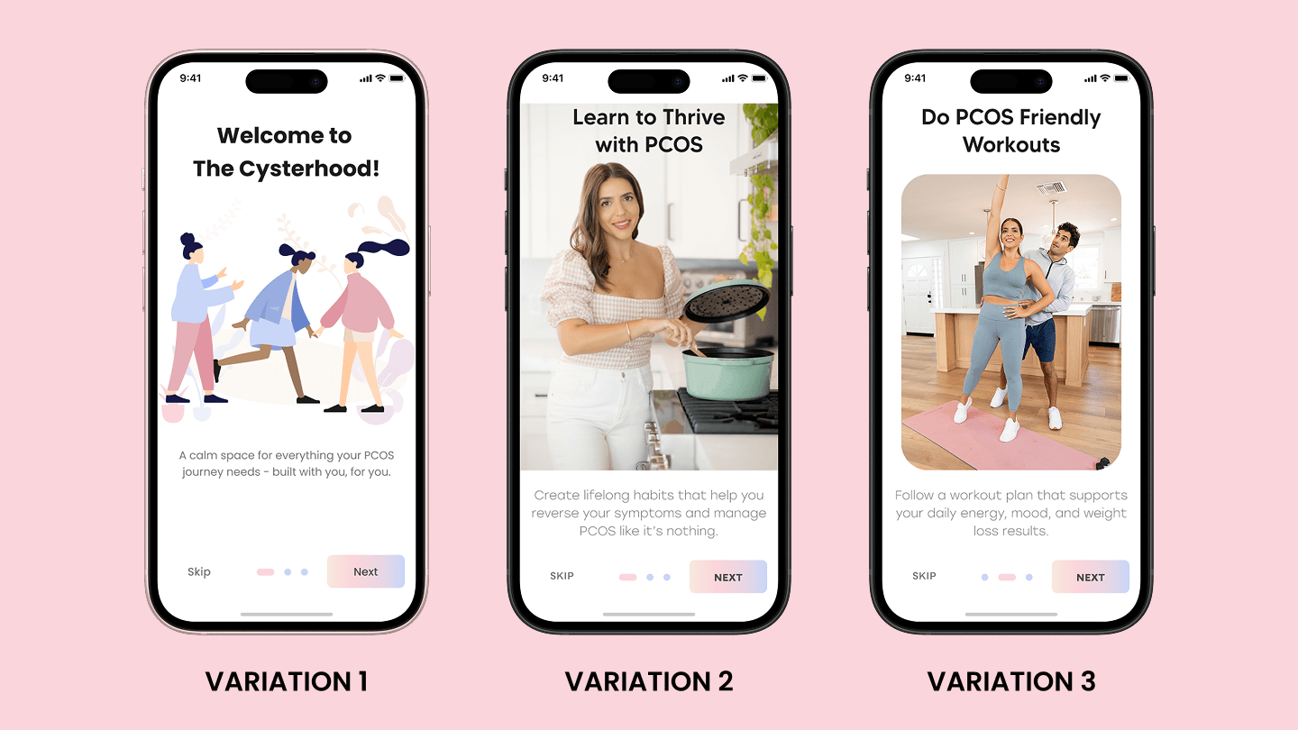 Three onboarding variations exploring the visual direction