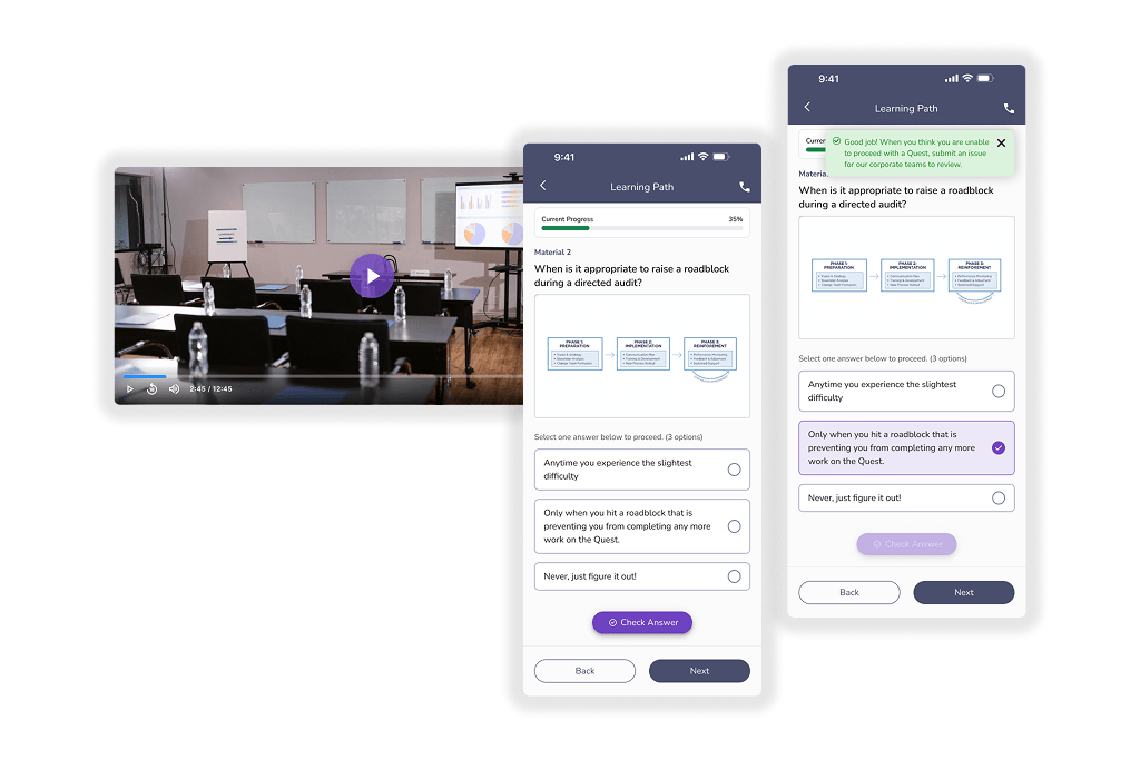 Mobile video player with knowledge check