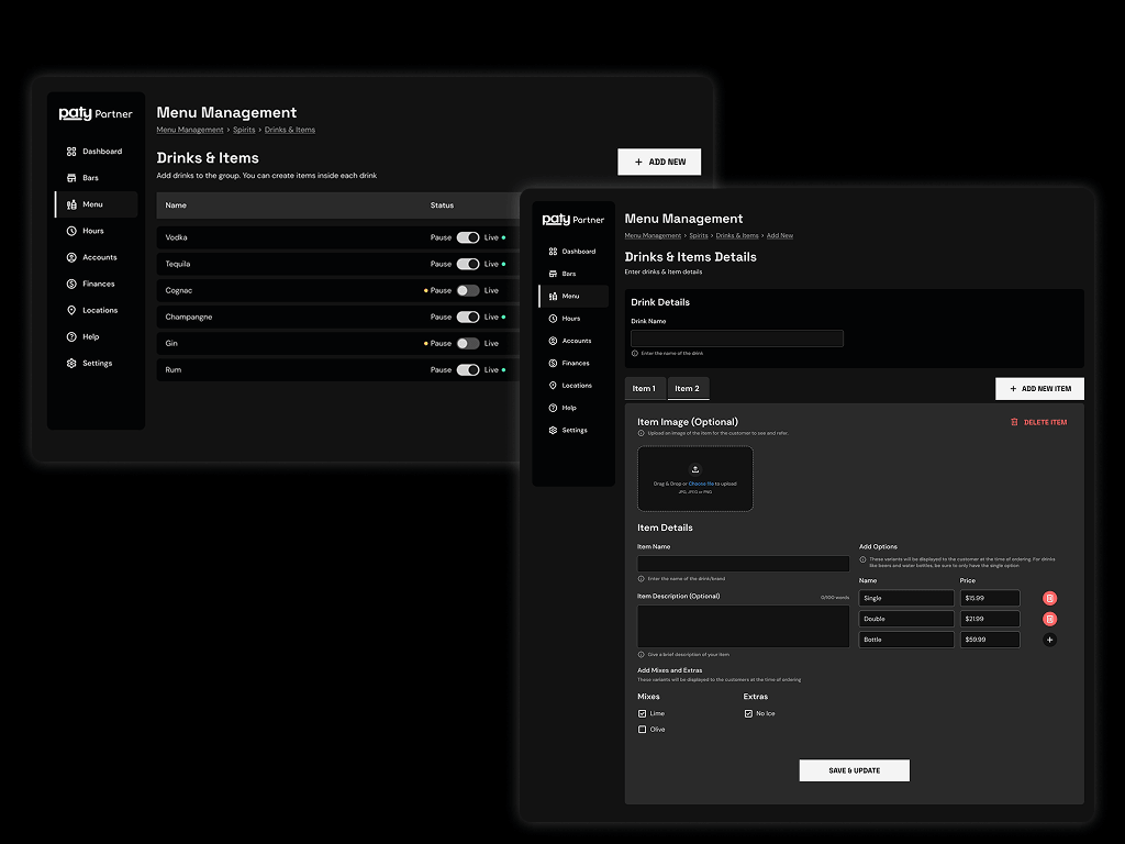 Menu management screens in the admin portal